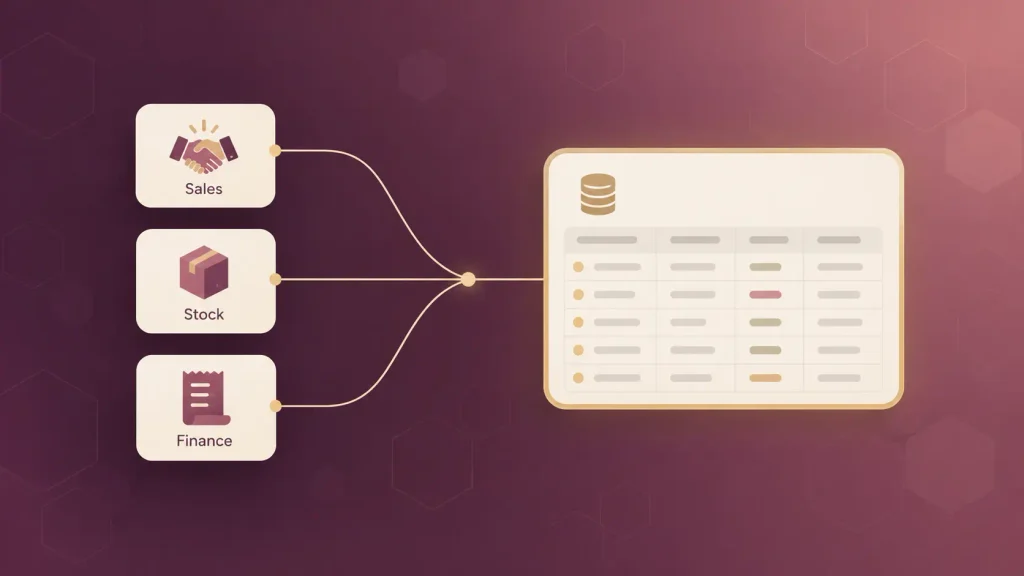 An operations hub, one of the key custom business software examples, unifying sales, stock, and finance