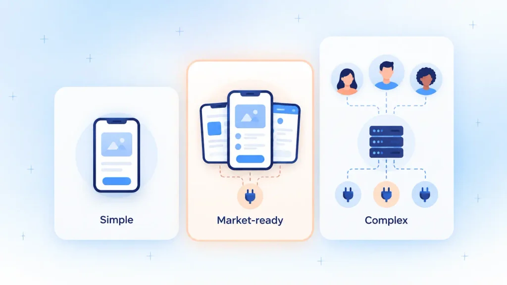 SaaS MVP development cost tiers compared, from simple to market-ready to complex builds