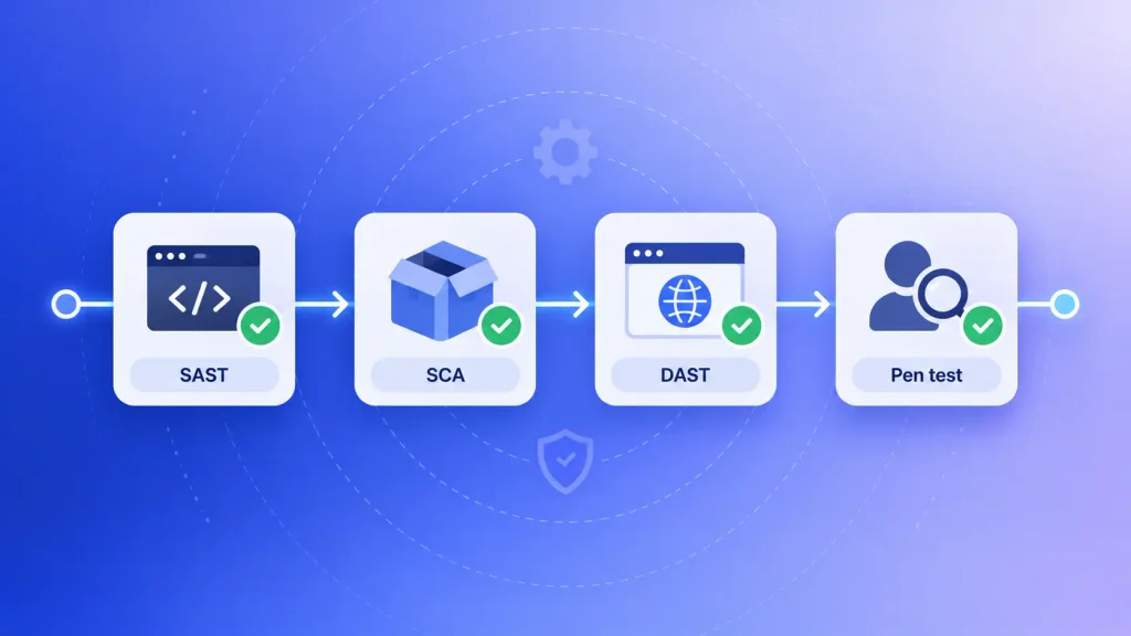 Security testing pipeline with SAST, SCA, DAST and pen tests, following web application security best practices
