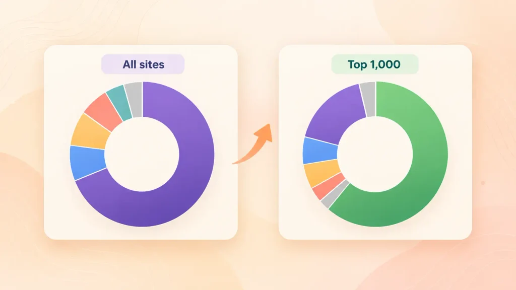 Server-side language share for all websites versus the top 1,000 websites