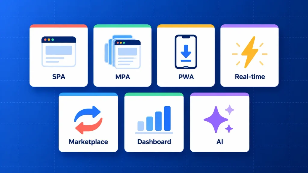 Seven types of web applications shown as labeled cards, from single-page apps to AI apps