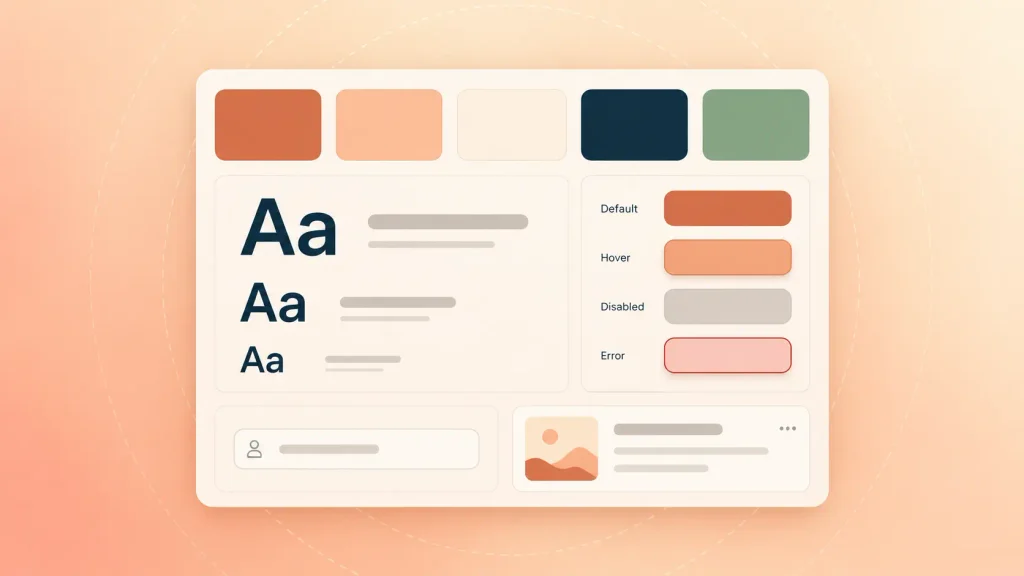 UI design system board with color tokens, type scale, and button interaction states