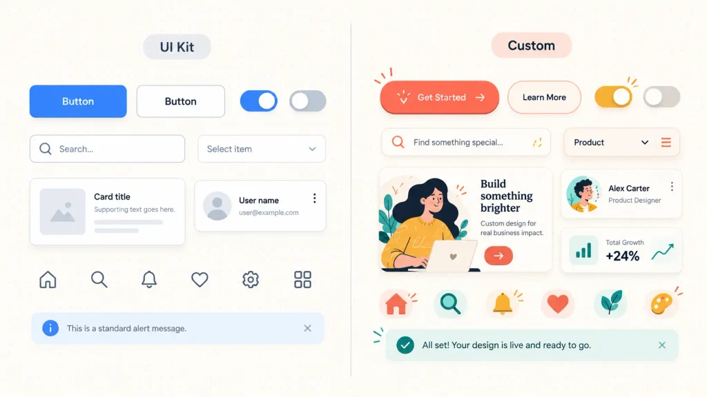 UI kit components compared with custom illustrations and icons in UI/UX design