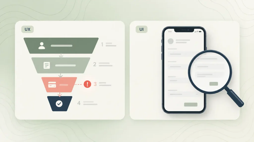 UI vs UX design problems compared: a signup drop-off funnel and a low-contrast app screen