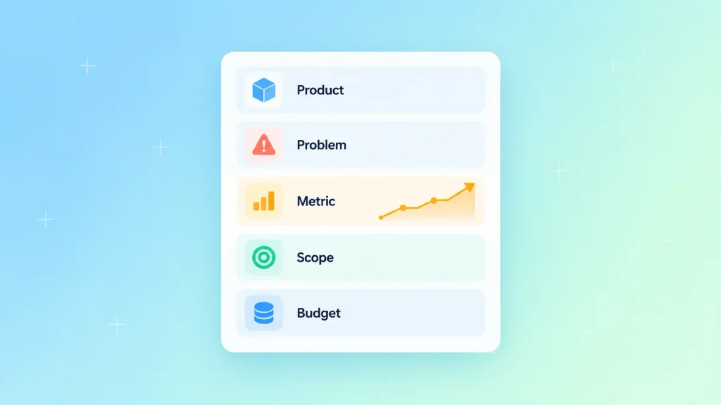 Project brief for how to choose a UI/UX design agency, listing product, problem, metric, and budget