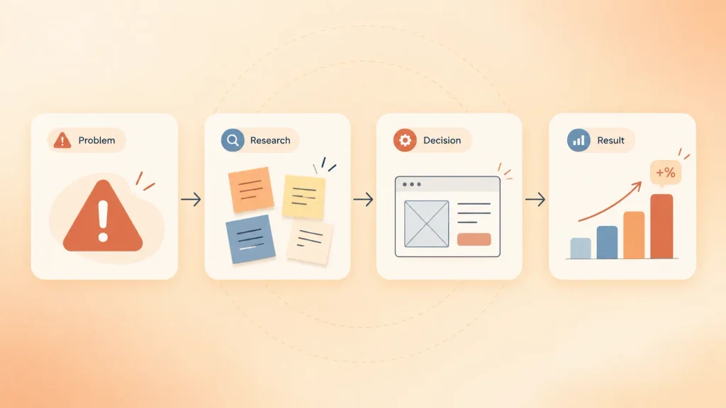 Case study flow showing how to choose a UI/UX design agency by its research, decisions, and results
