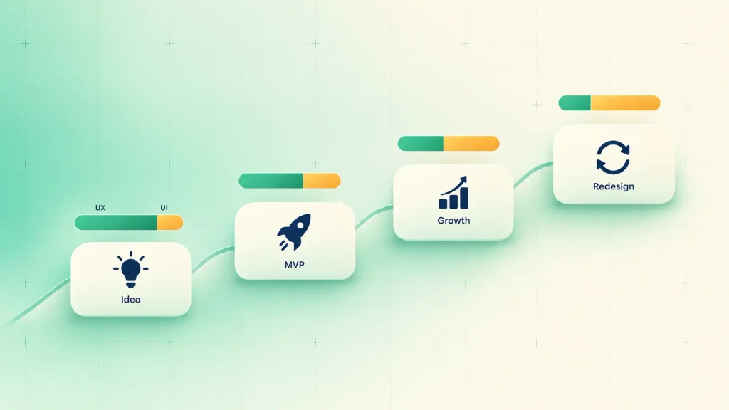 UI and UX design priorities across product stages from idea to MVP, growth, and redesign