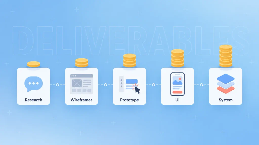 UI/UX design cost by deliverable, from user research and wireframes to a design system