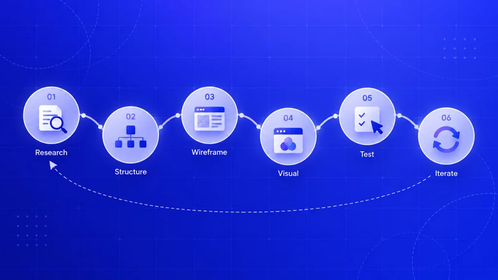 Six-step UI UX design process from research and wireframes to testing and iteration