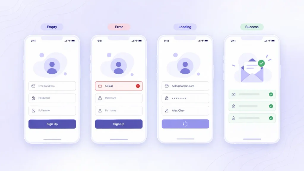 Sign-up form designed in four UI states: empty, error, loading=