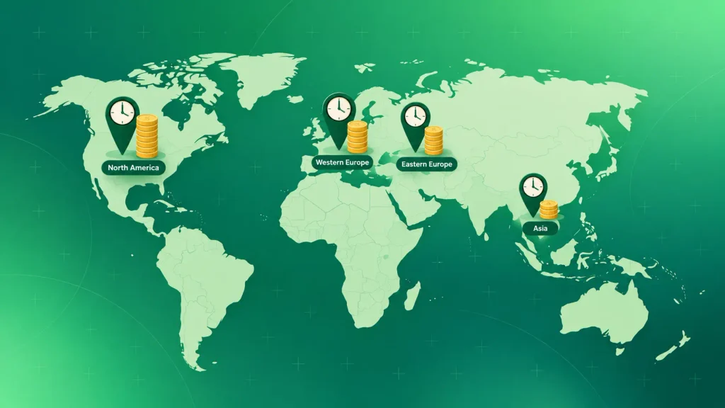 UI/UX design cost by region, comparing designer hourly rates in North America, Europe and Asia