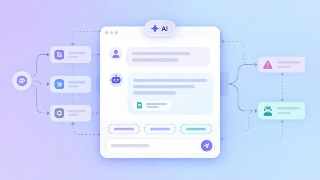 UI vs UX design in an AI chatbot, with a conversation flow map behind the chat interface