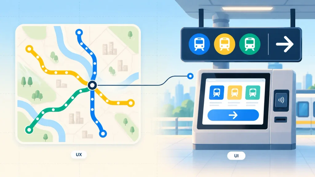 UI vs UX design explained with a train analogy: UX as the route map, UI as station signs