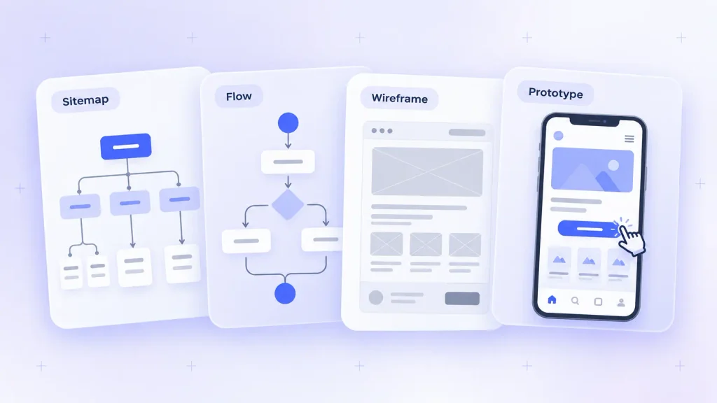 UX design deliverables including a sitemap, user flow, wireframe, and clickable prototype