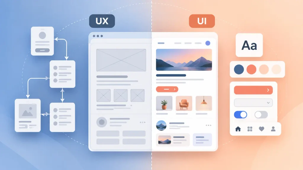 UX vs UI design comparison, with a user flow wireframe beside a polished visual interface