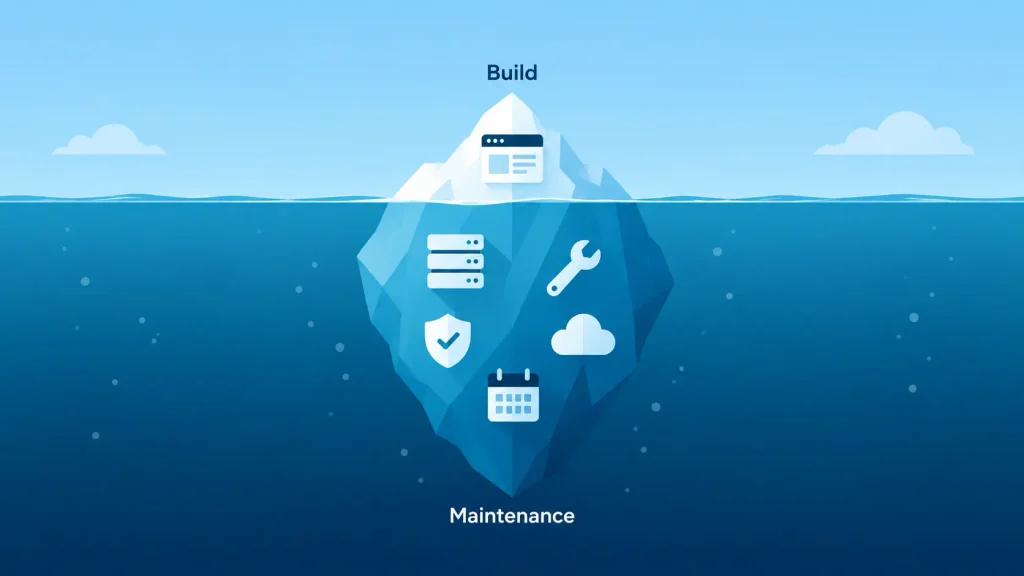 Iceberg showing how custom web app development cost continues with maintenance after launch