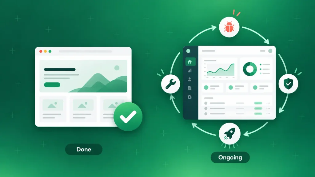 Web app vs website maintenance: a finished site beside an app in a continuous update cycle