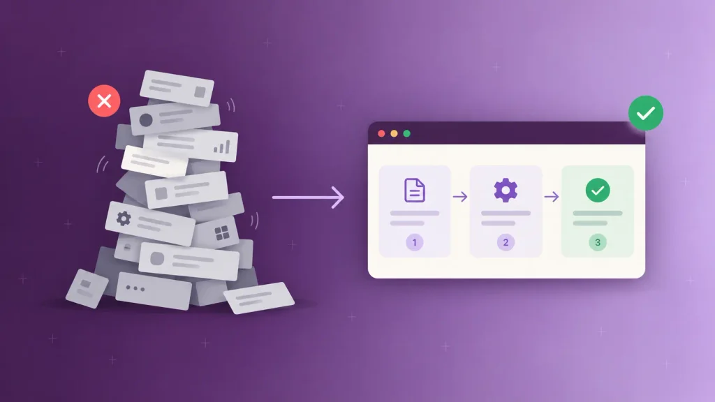 Web app MVP comparison: a cluttered feature stack versus one focused core workflow