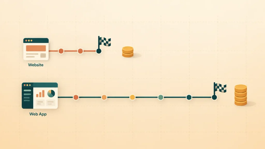 Web app vs website cost and timeline, with a short website build beside a longer app build