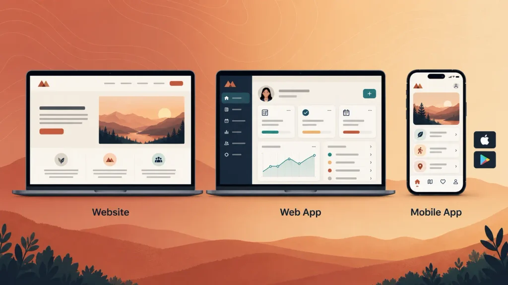 Web app vs website vs mobile app compared across a laptop browser and a smartphone