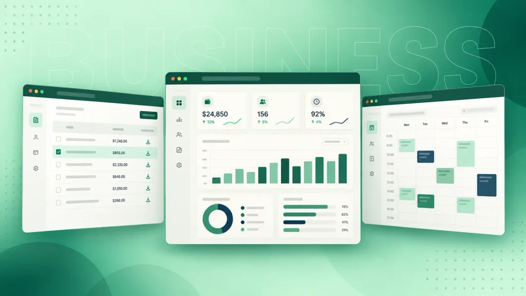 Business web application examples: customer portal, internal dashboard and booking system mockups
