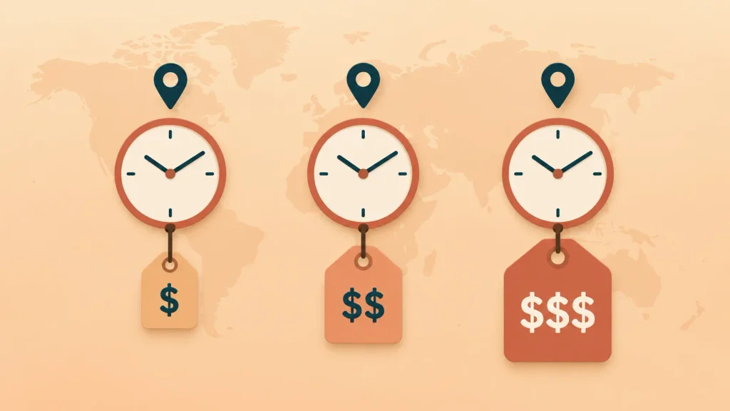Web developer hourly rates compared across regions with clocks and price tags