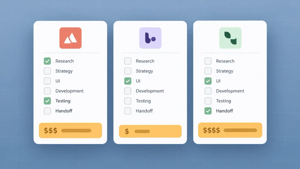 UI/UX design cost quotes from three studios showing different prices for the same brief