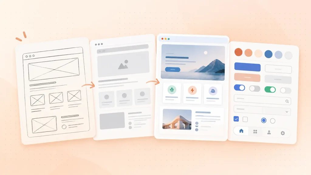 Wireframe to high-fidelity mockup stages in the UI/UX design process for startups